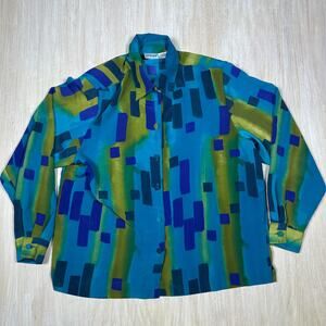 Vintage Liz Baker Abstract Blue Art To Wear Button Up Shoulder Padded Blouse LG